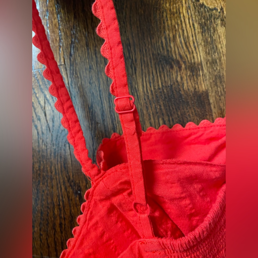 💃🏻tie front midi dress vibrant coral red adjustable straps cotton blend summer M - Picture 13 of 15